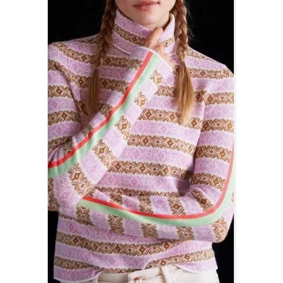 Maeve Anthropologie Ski Slope Fair Isle Turtleneck Sweater  Pink Size Medium - Picture 1 of 8